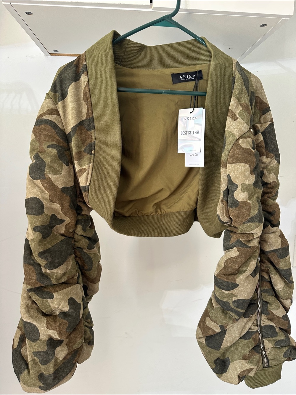 AKIRA Camo Cropped Bomber Jacket in Olive & Brown
